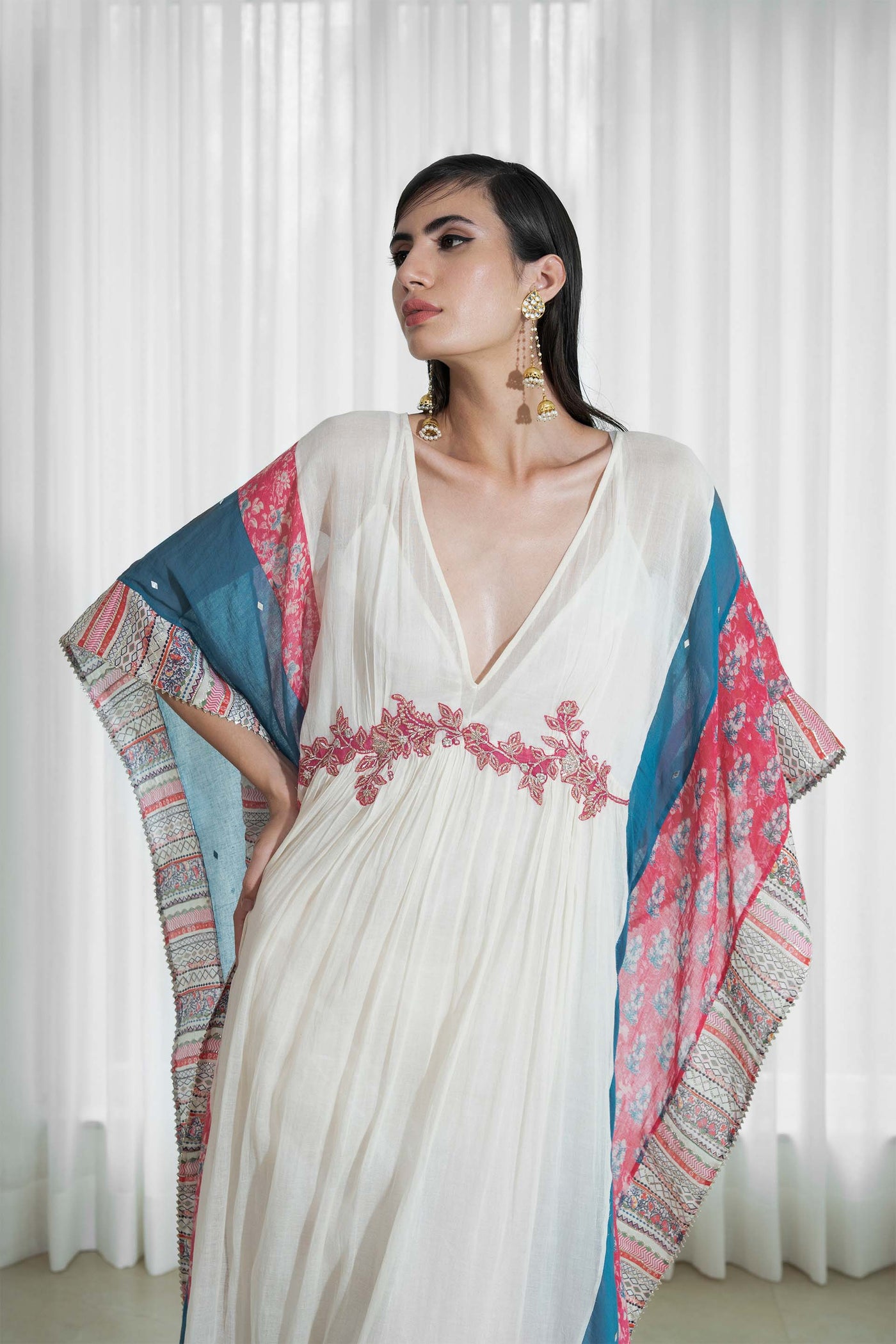 Mandira Wirk Patchwork Colorblock Kaftan ivory festive indian designer wear online shopping melange singapore