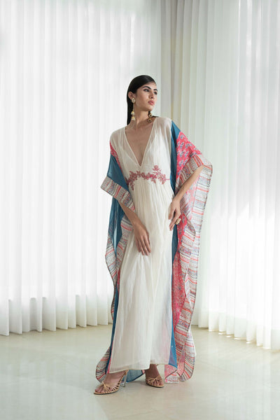 Mandira Wirk Patchwork Colorblock Kaftan ivory festive indian designer wear online shopping melange singapore