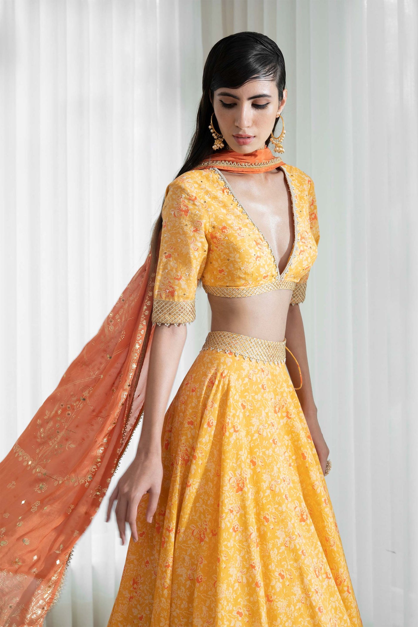 Mandira Wirk Printed Blouse And Lehenga Styled With Dupatta mustard yellow festive indian designer wear online shopping melange singapore