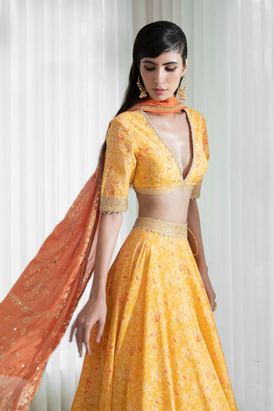 Mandira Wirk Printed Blouse And Lehenga Styled With Dupatta mustard yellow festive indian designer wear online shopping melange singapore
