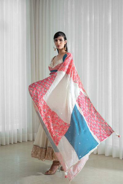 Mandira Wirk Printed Patchwork Blouse With Lehenga And Dupatta ivory festive indian designer wear online shopping melange singapore