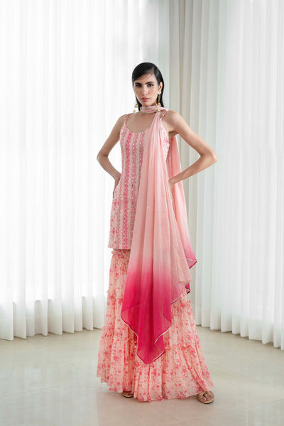 Mandira Wirk Printed Spaghetti Kurta And Sharara Set peach festive indian designer wear online shopping melange singapore