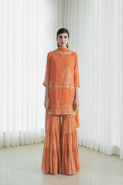 Mandira wirk Short Kurta With Tiered Sharara And Dupatta rust orange festive indian designer wear online shopping melange singapore