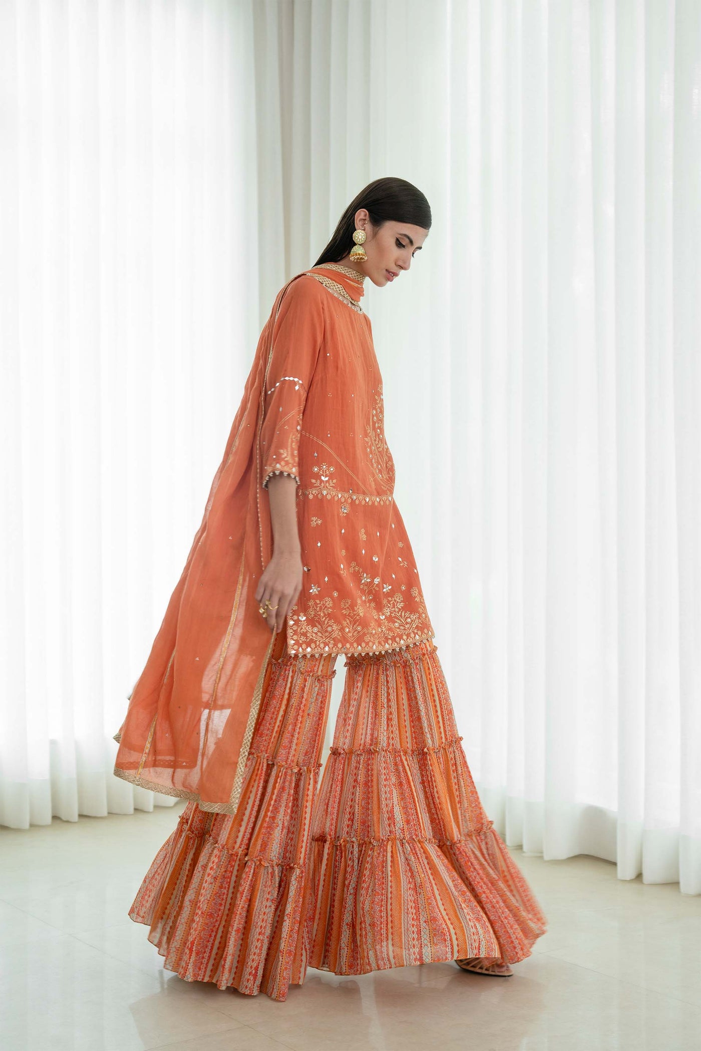 Mandira wirk Short Kurta With Tiered Sharara And Dupatta rust orange festive indian designer wear online shopping melange singapore