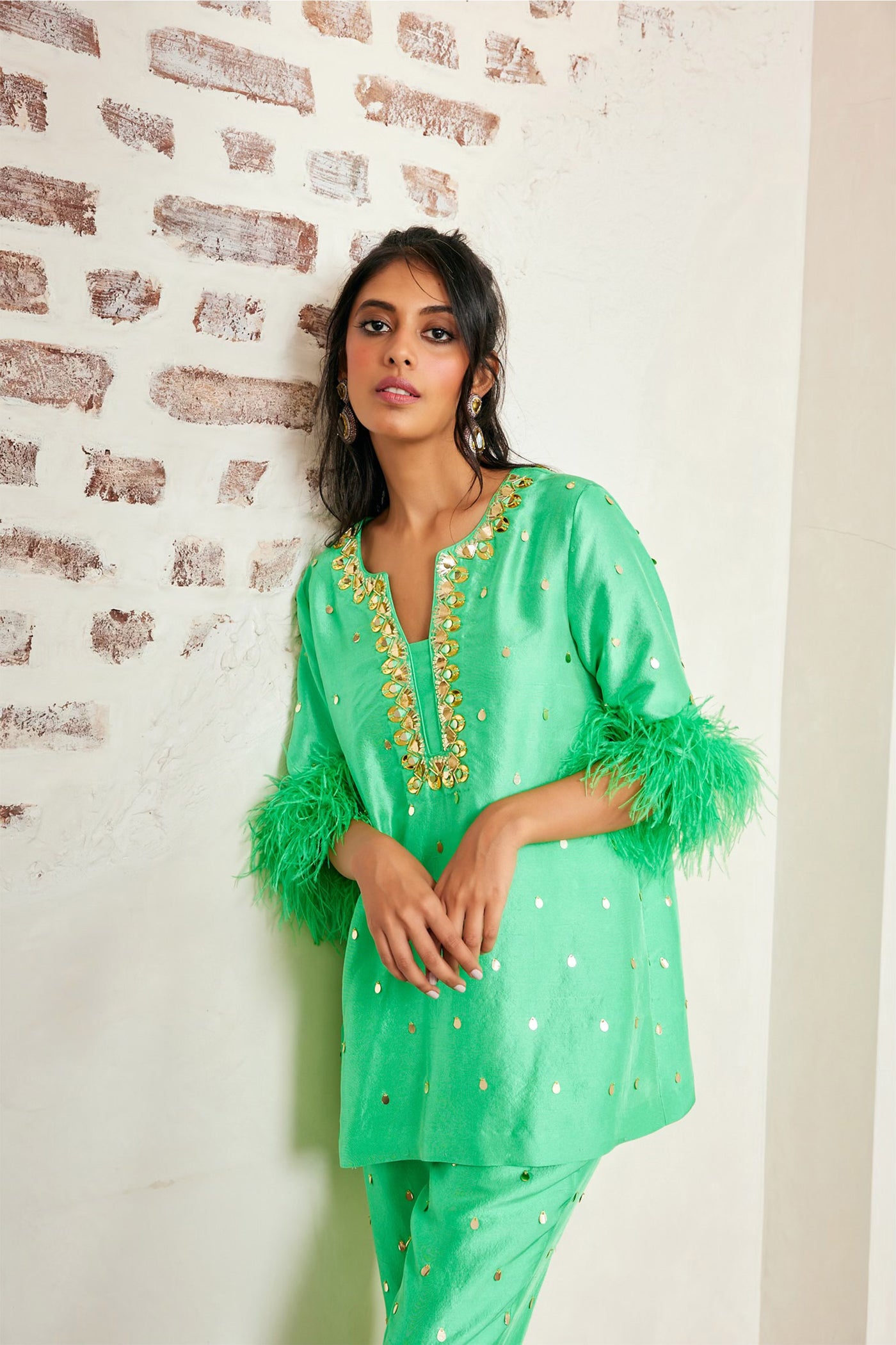 Maison Blu Avo Green Arsy Feather Kurti With Pant festive fusion indian designer wear online shopping melange singapore