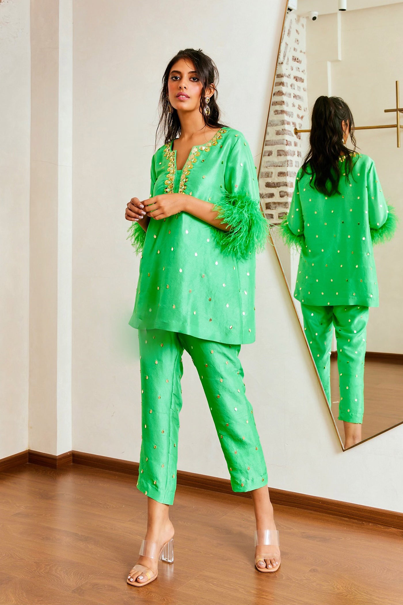 Maison Blu Avo Green Arsy Feather Kurti With Pant festive fusion indian designer wear online shopping melange singapore