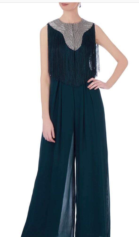 Fringe Jumpsuit With Embellished Bib