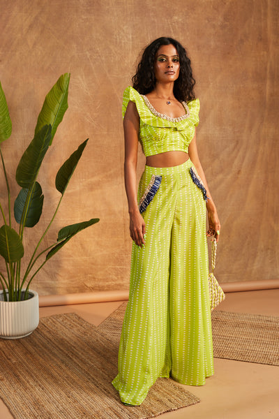 Maison Blu Neon Green Ruffle Crop Top With Sharara western indian designer wear online shopping melange singapore