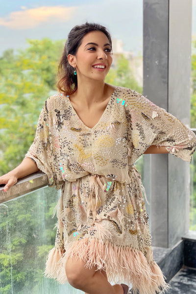maison blu Nude Multicoloured Feather Dress With Lining online shopping melange singapore indian designer wear w