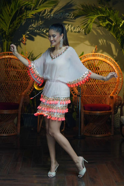 Maison blu Peach Tassle Dress With Lining online shopping melange singapore indian designer wear