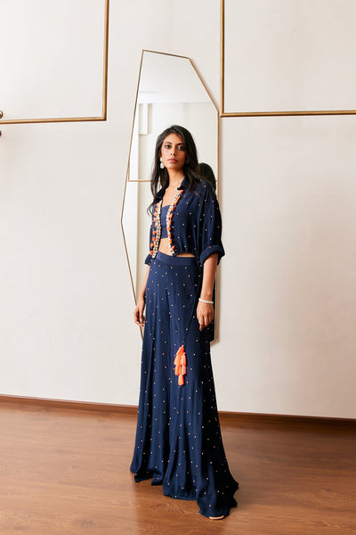 Maison blu Pearl Shell Shirt And Sharara Set festive fusion indian designer wear online shopping melange singapore blue