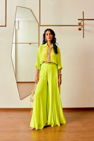 Maison blu Neon Green Pearl Shell Shirt And Sharara Set festive fusion indian designer wear online shopping melange singapore