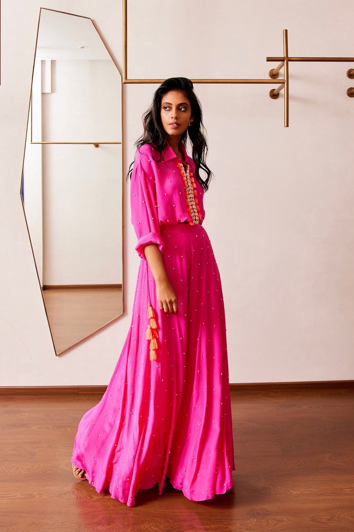 Maison Blu Neon Pink Pearl Shell Shirt And Sharara Set festive fusion indian designer wear online shopping melange singapore