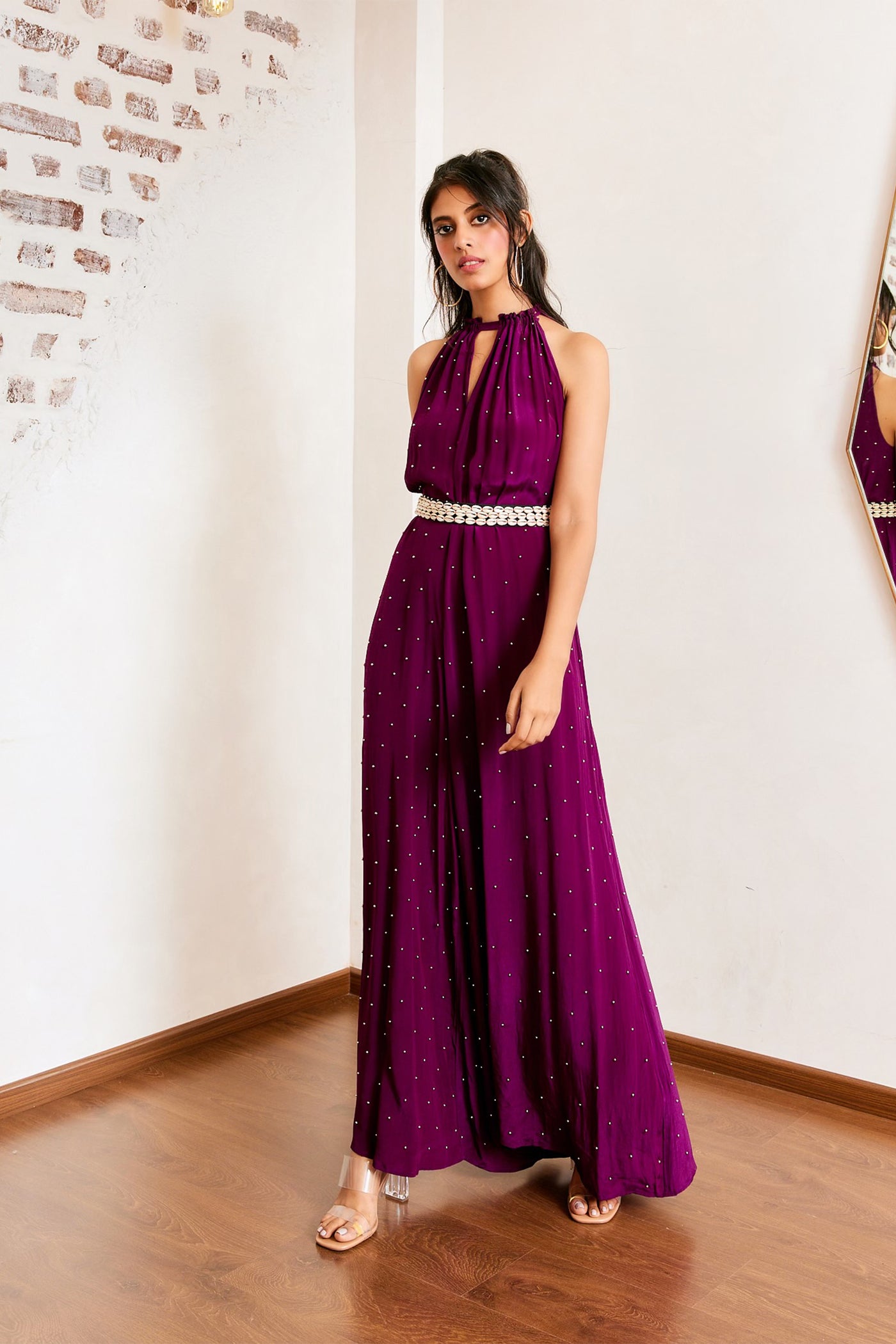 Maison Blu Purple Pearl Jumpsuit With Belt western indian designer wear online shopping melange singapore