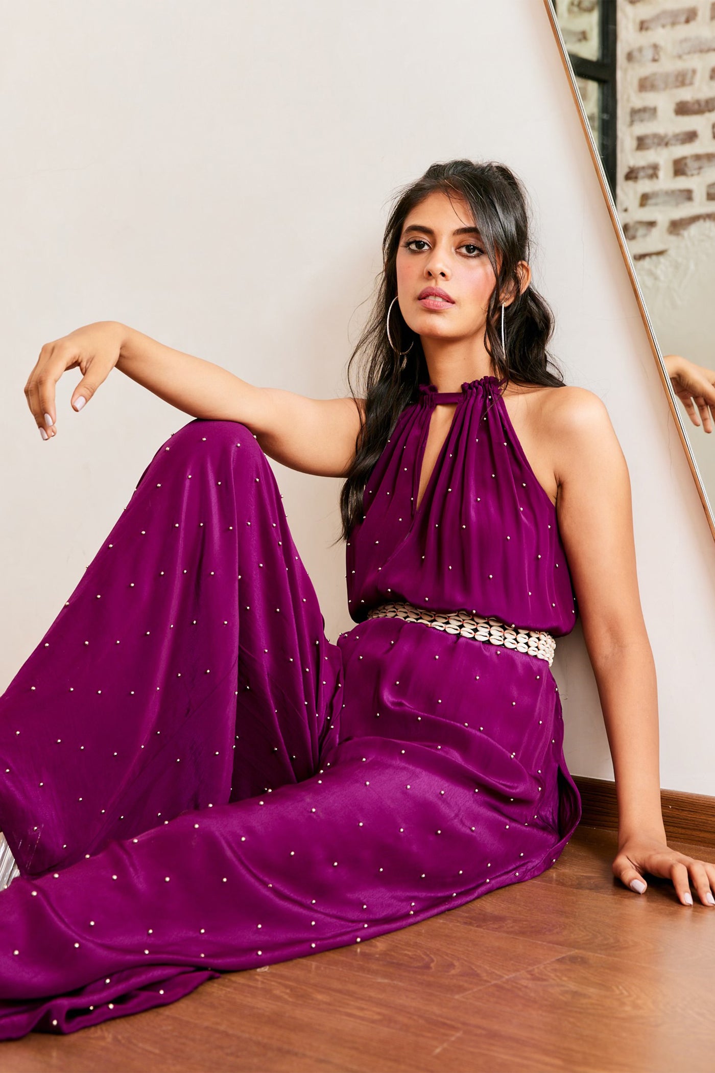 Maison Blu Purple Pearl Jumpsuit With Belt western indian designer wear online shopping melange singapore