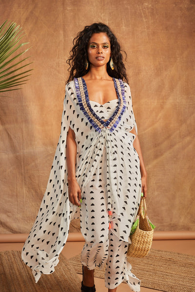 Maison Blu White Cape And Pant Set western indian designer wear online shopping melange singapore