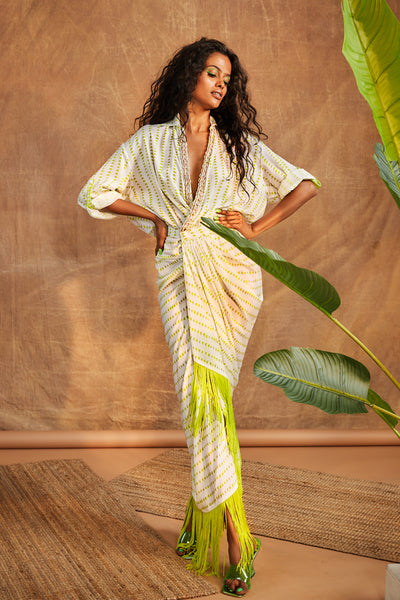 Maison Blu Wrap A Round Drape Dress white green western indian designer wear online shopping melange singapore