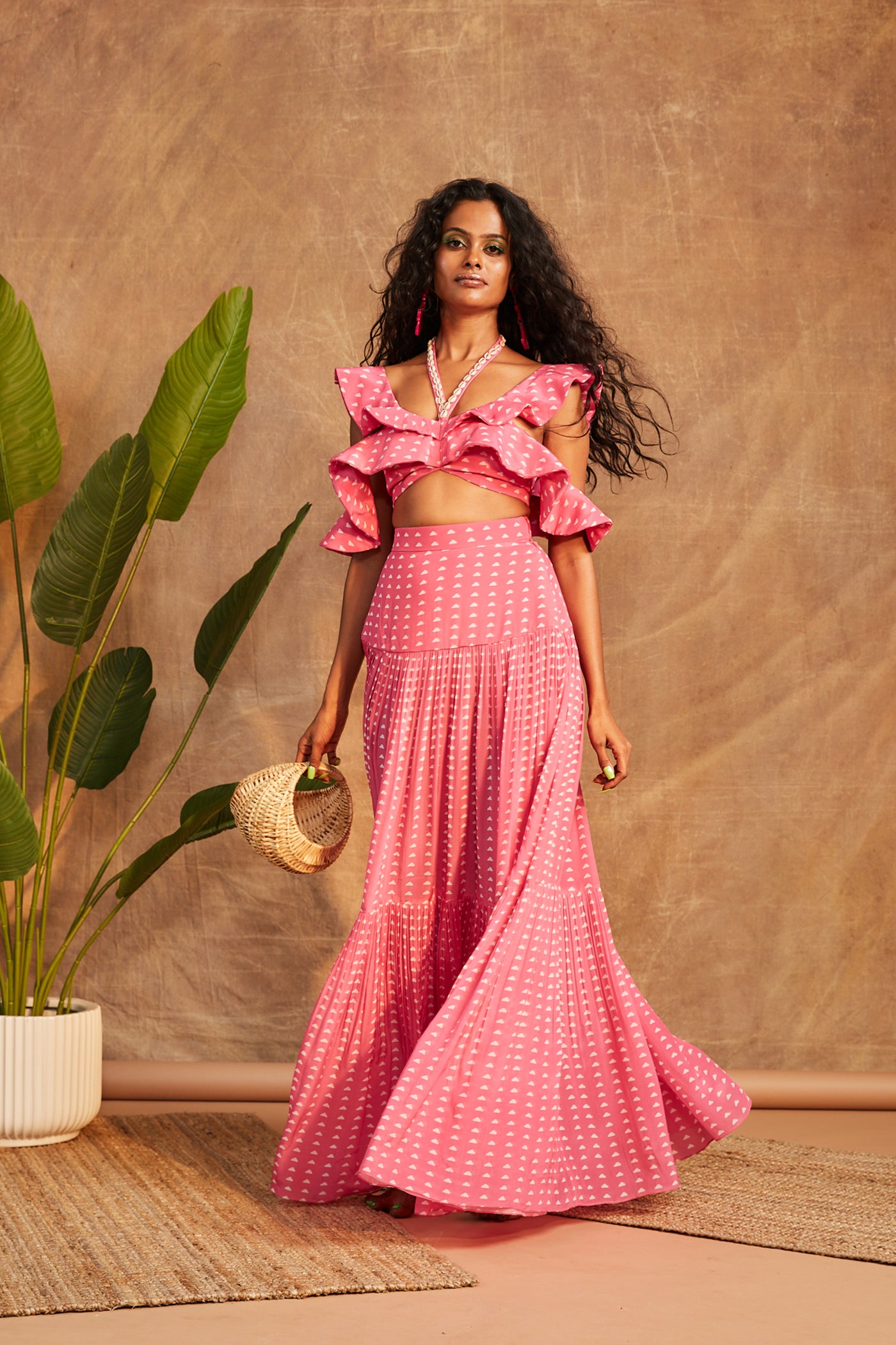 Maison Blu Pink Shell Ruffle Crop Top With Skirt western indian designer wear online shopping melange singapore