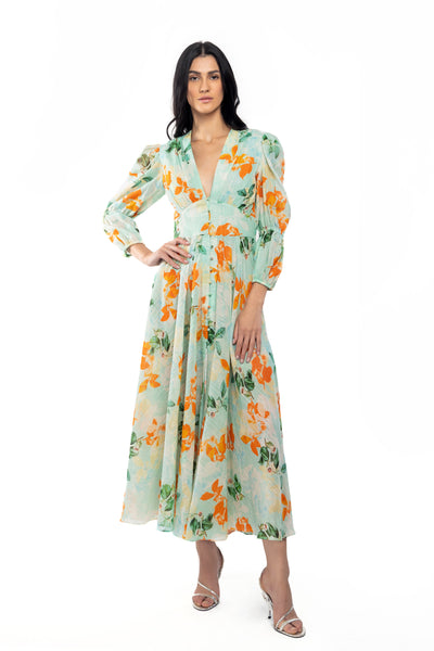 mandira wirk cotton lurex printed flaired dress aqua western indian designer wear online shopping melange singapore