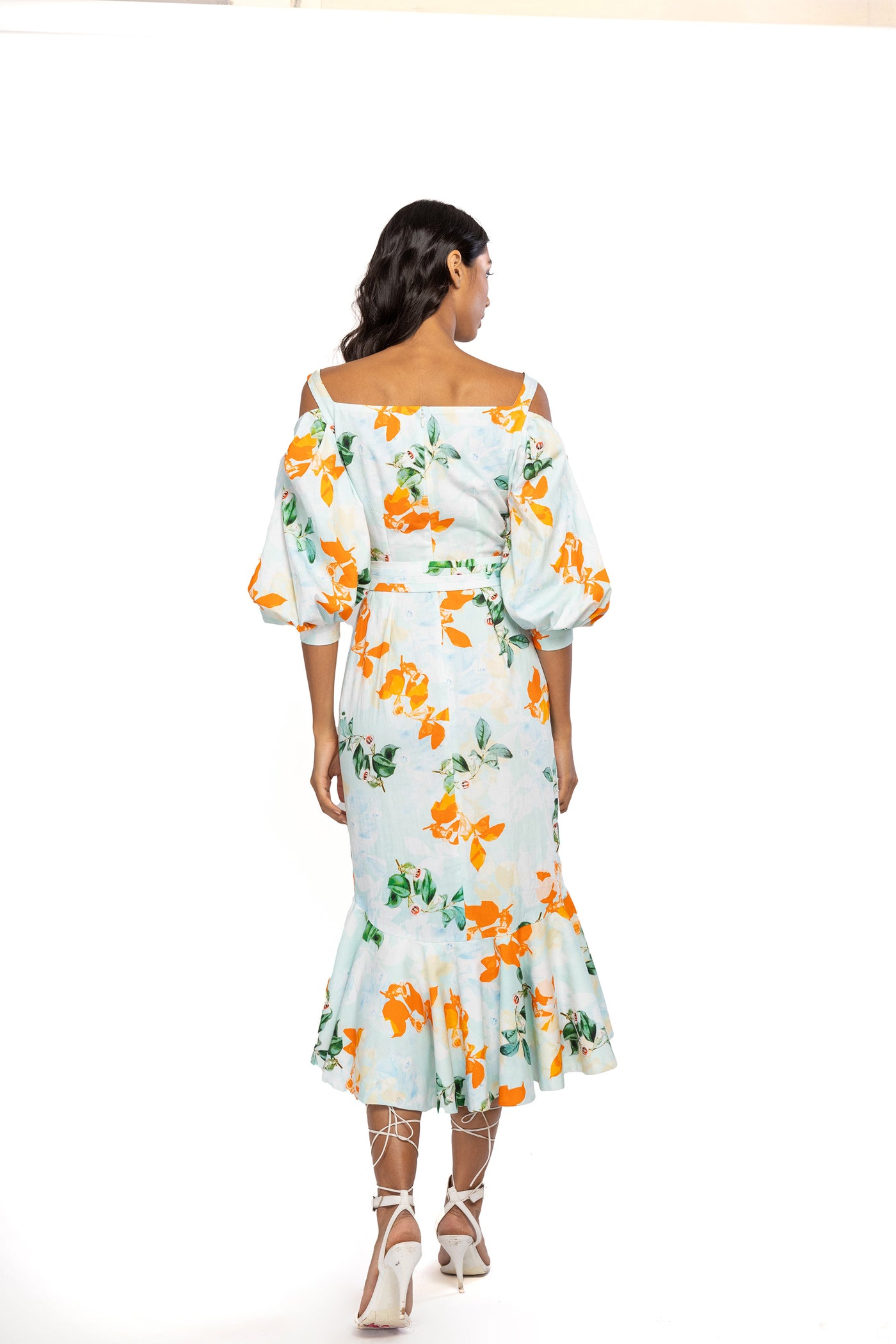 mandira wirk cotton poplin printed midi dress aqua western indian designer wear online shopping melange singapore