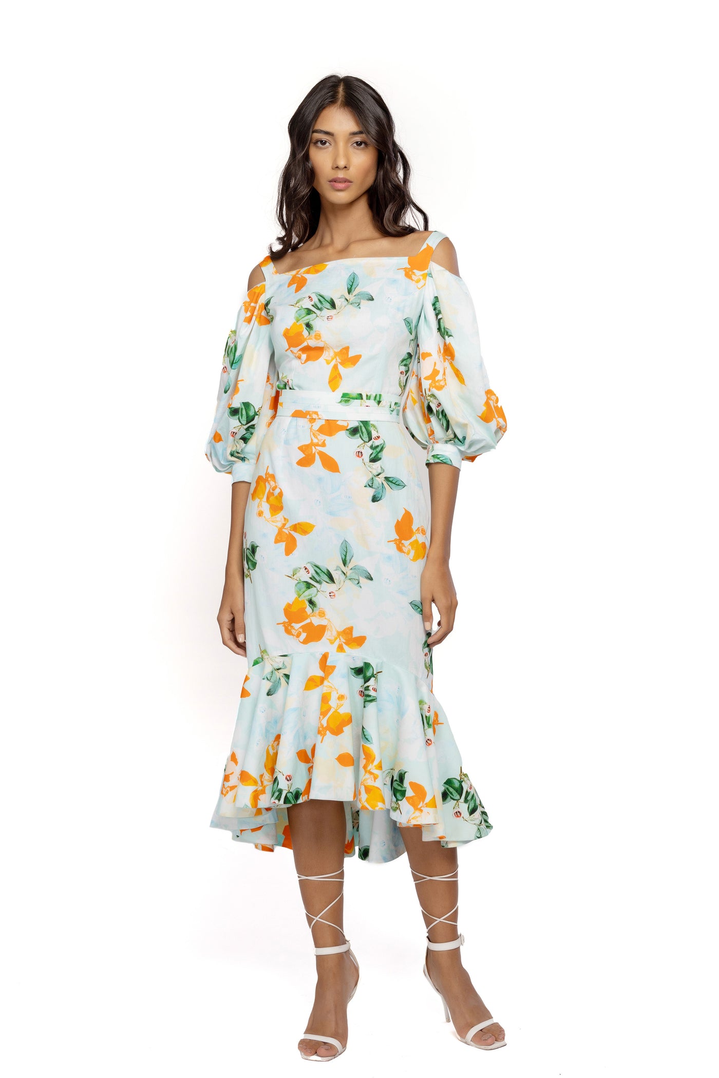 mandira wirk cotton poplin printed midi dress aqua western indian designer wear online shopping melange singapore