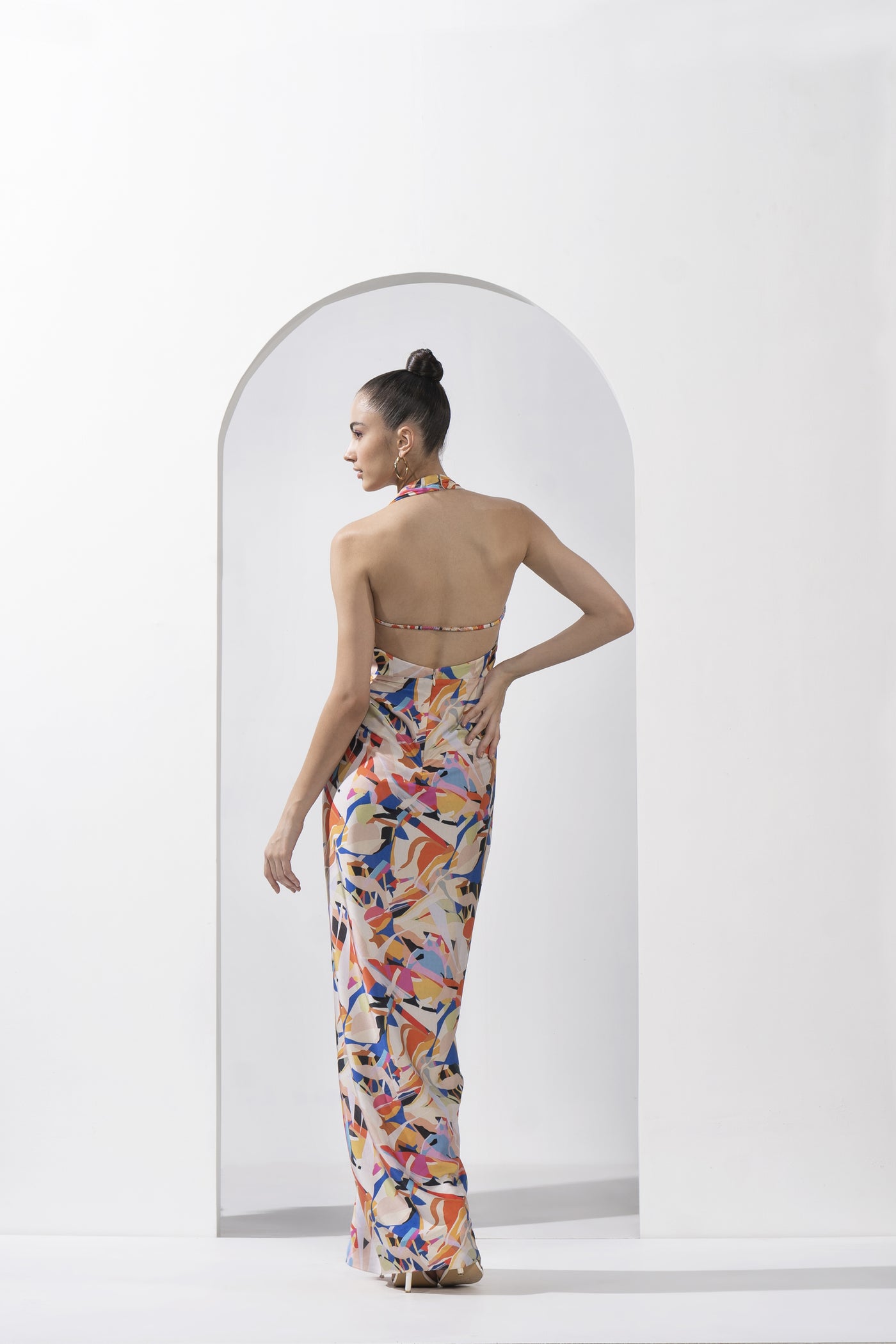 Mandira Wirk Abstract Geo Printed Draped Halter Neck Dress indian designer wear online shopping melange singapore