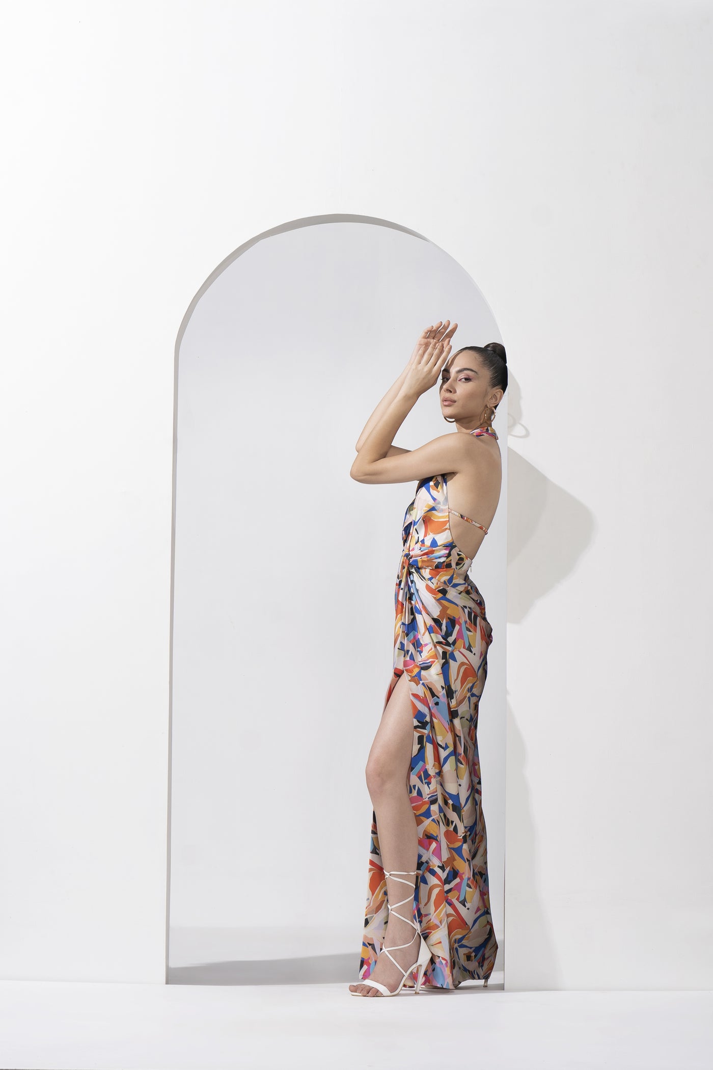 Mandira Wirk Abstract Geo Printed Draped Halter Neck Dress indian designer wear online shopping melange singapore