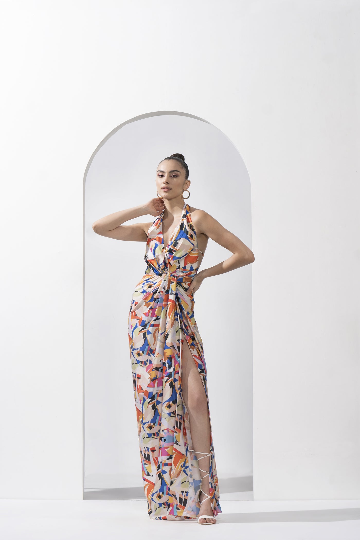 Mandira Wirk Abstract Geo Printed Draped Halter Neck Dress indian designer wear online shopping melange singapore