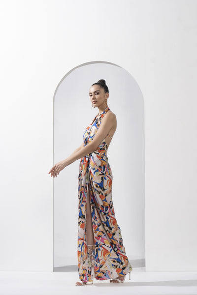 Mandira Wirk Abstract Geo Printed Draped Halter Neck Dress indian designer wear online shopping melange singapore