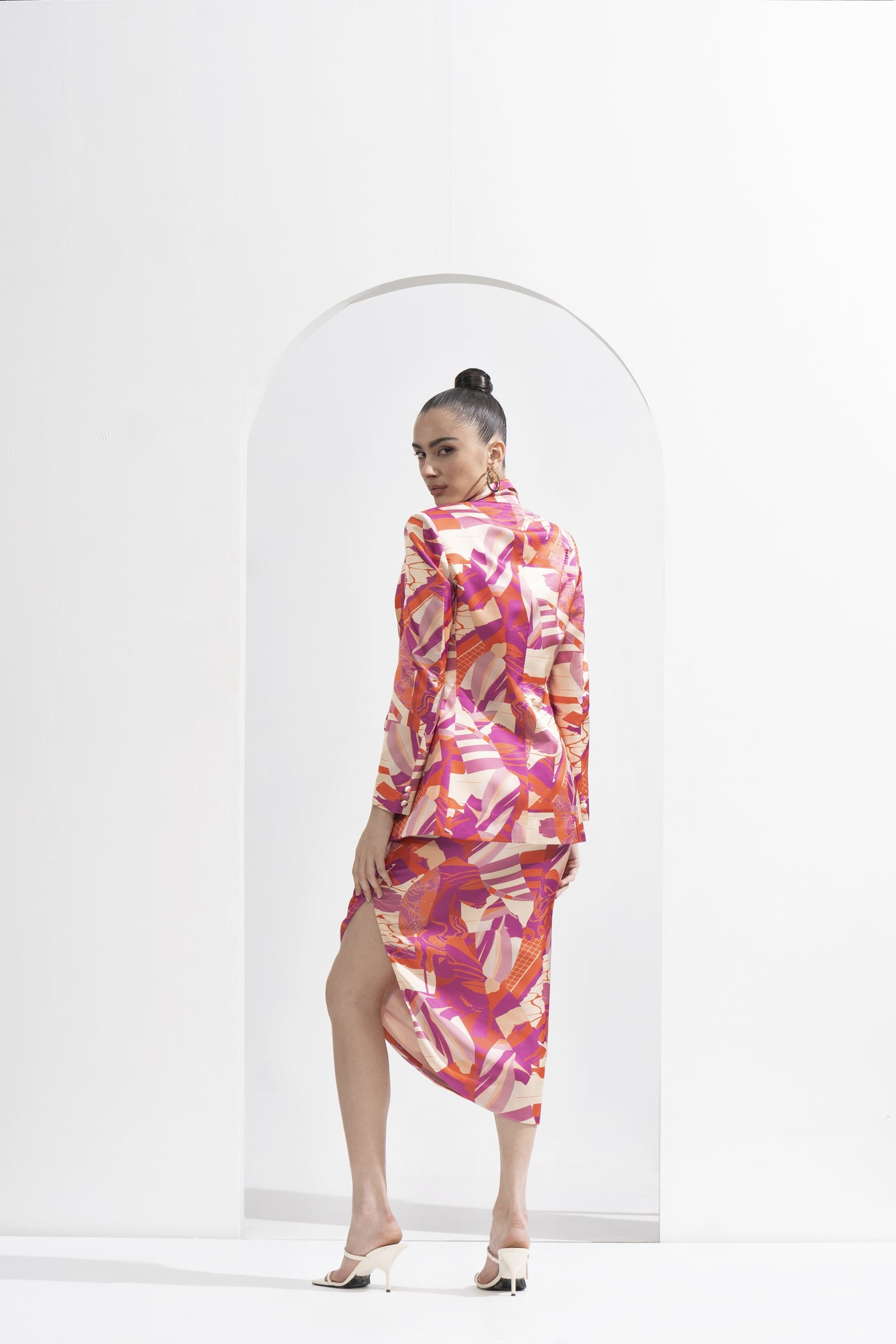 Mandira Wirk Abstract Printed Blazer & Draped Skirt indian designer wear online shopping melange singapore