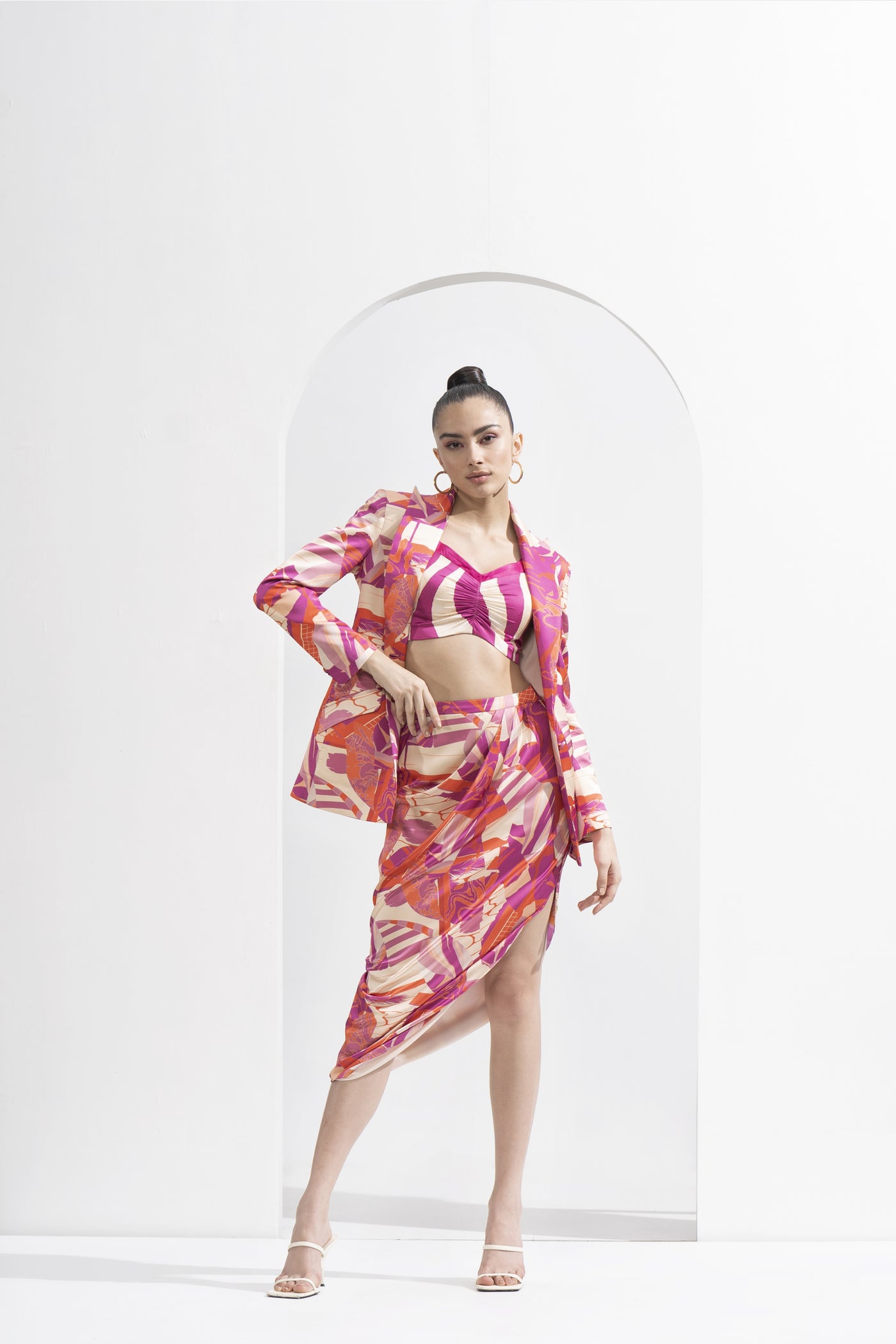 Mandira Wirk Abstract Printed Blazer & Draped Skirt indian designer wear online shopping melange singapore