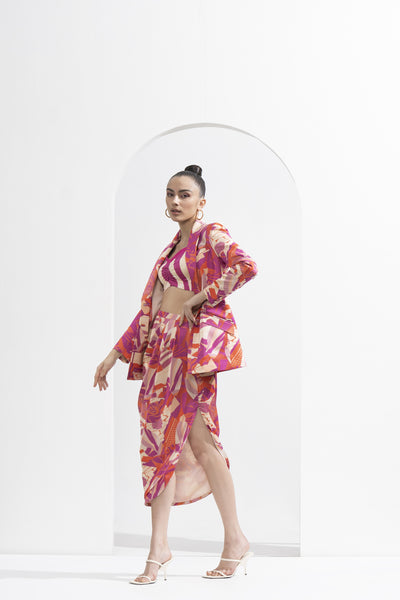 Mandira Wirk Abstract Printed Blazer & Draped Skirt indian designer wear online shopping melange singapore