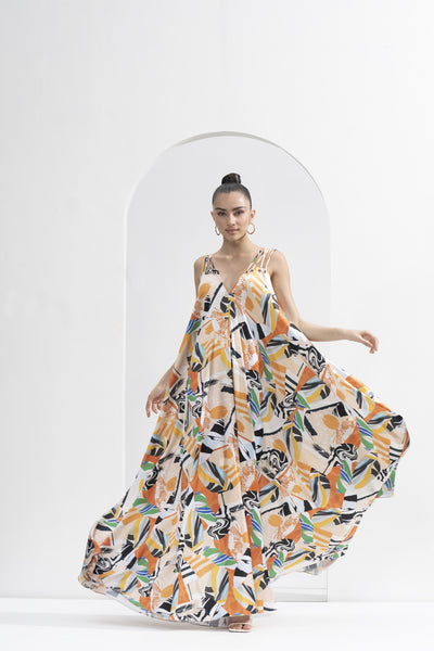 Mandira Wirk Abstract Printed Long Draped Dress indian designer wear online shopping melange singapore
