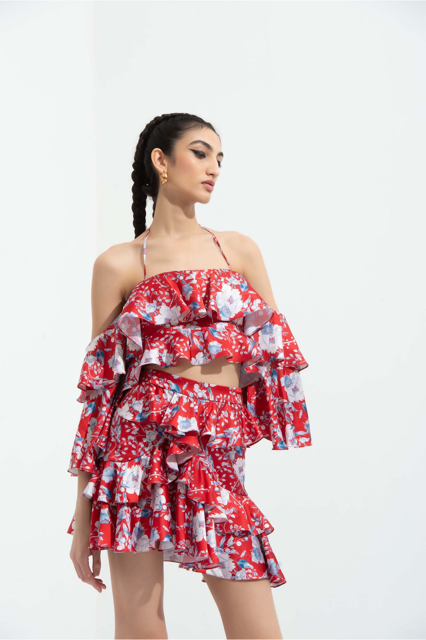 mandira Wirk Ajisia printed satin layered cold shoulder blouse paired with printed satin layered short skirt red western indian designer wear online shopping melange singapore