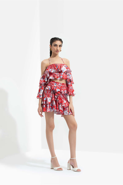 mandira Wirk Ajisia printed satin layered cold shoulder blouse paired with printed satin layered short skirt red western indian designer wear online shopping melange singapore