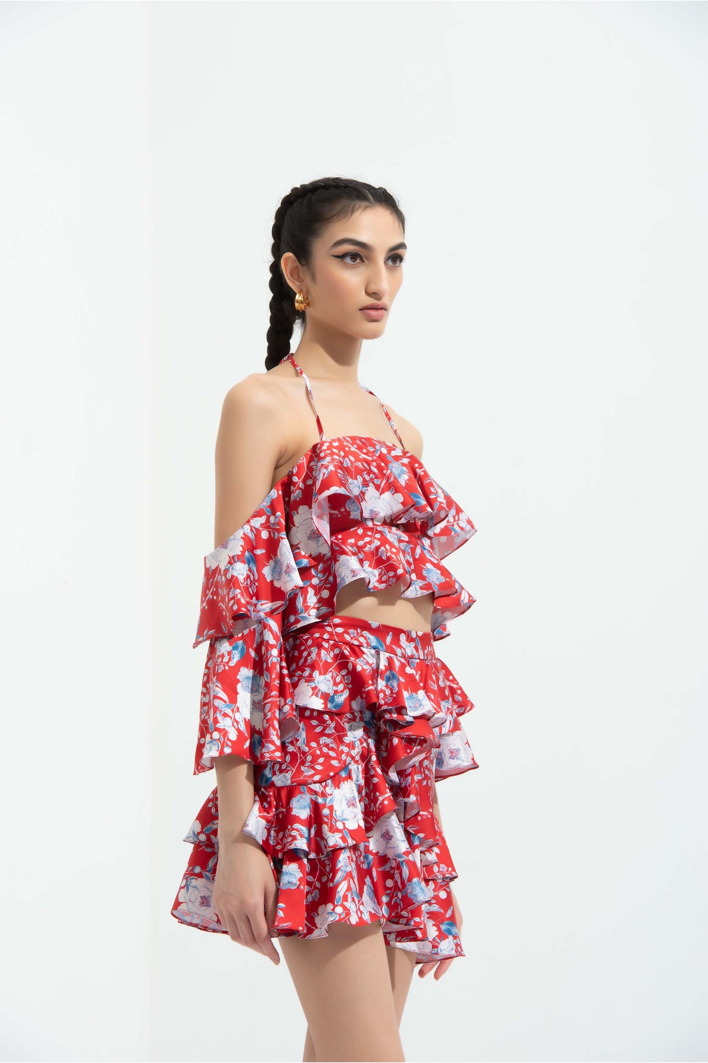 mandira Wirk Ajisia printed satin layered cold shoulder blouse paired with printed satin layered short skirt red western indian designer wear online shopping melange singapore