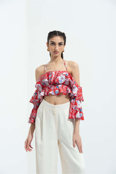 Mandira Wirk Ajisia printed satin layered cold shoulder top paired with ivory trouser red western indian designer wear online shopping melange singapore