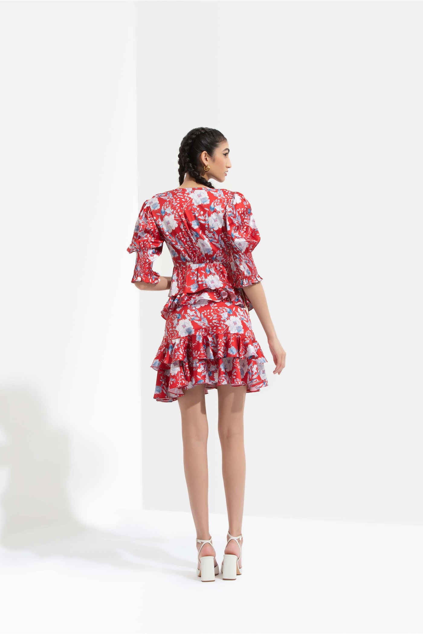 Mandira Wirk Ajisia printed satin front tie up top with smocking cuff detail, paired with printed satin layered skirt red western indian designer wear online shopping melange singapore