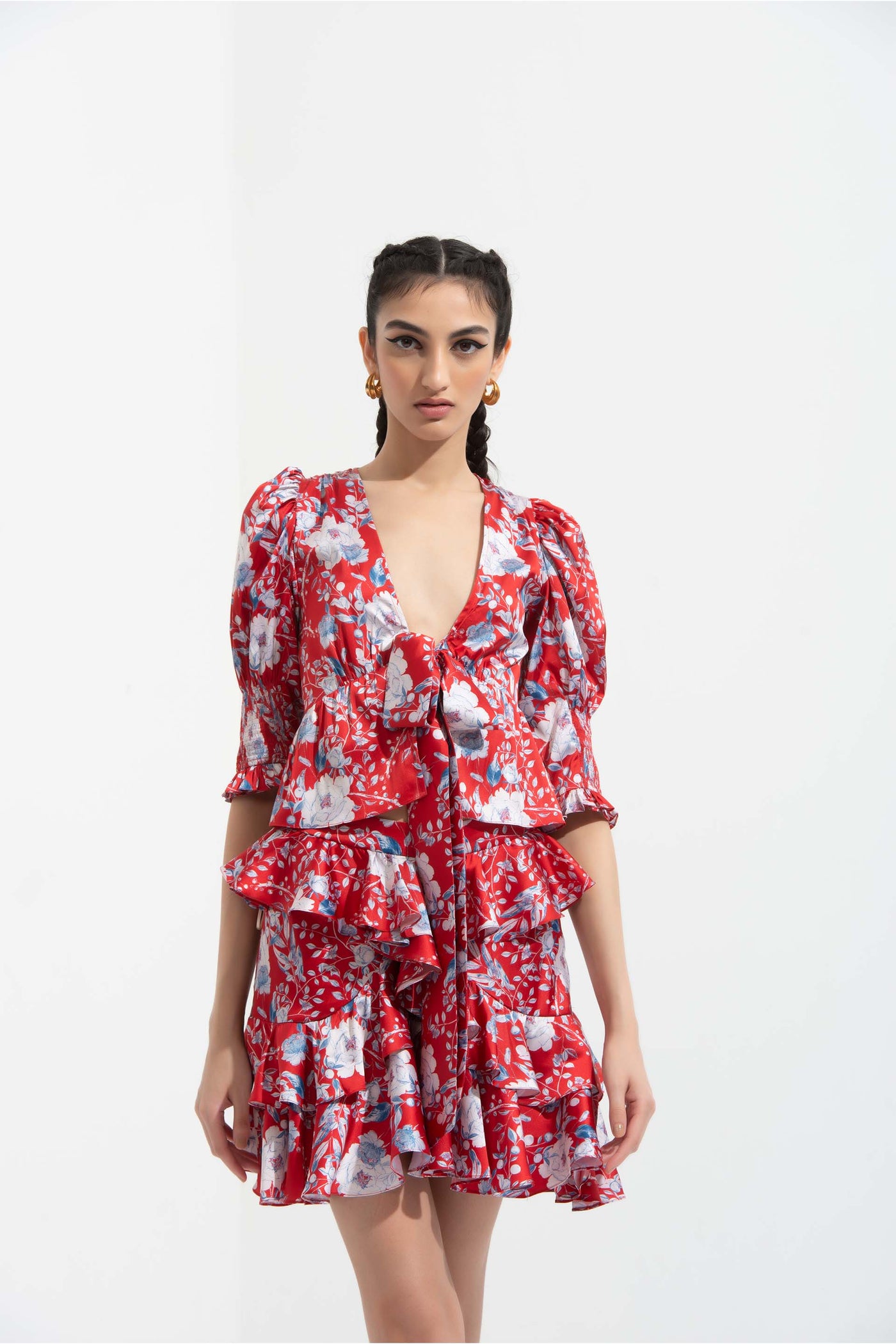 Mandira Wirk Ajisia printed satin front tie up top with smocking cuff detail, paired with printed satin layered skirt red western indian designer wear online shopping melange singapore