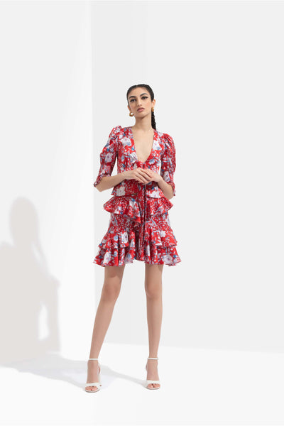 Mandira Wirk Ajisia printed satin front tie up top with smocking cuff detail, paired with printed satin layered skirt red western indian designer wear online shopping melange singapore 