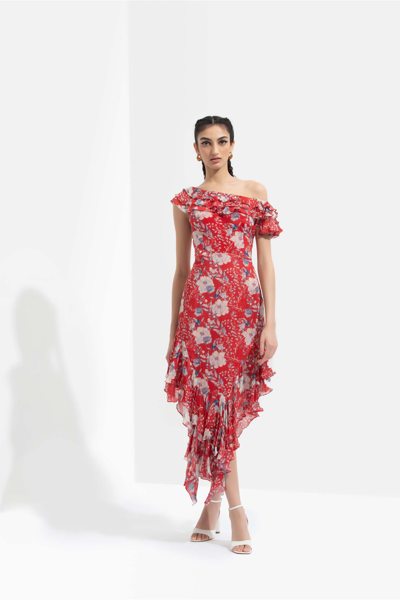 Mandira Wirk Ajisia printed chiffon one off shoulder dress with asymmetric layered hem red western indian designer wear online shopping melange singapore
