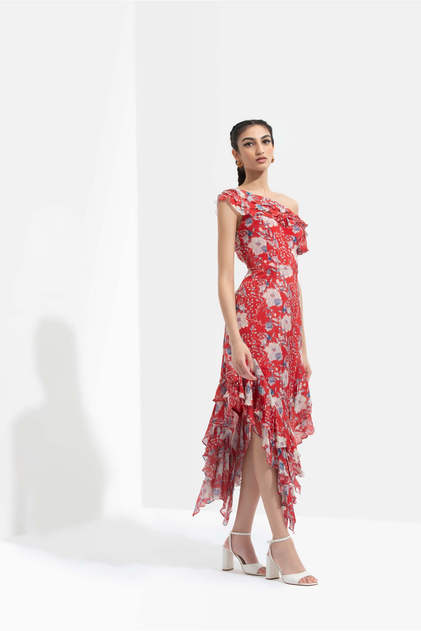 Mandira Wirk Ajisia printed chiffon one off shoulder dress with asymmetric layered hem red western indian designer wear online shopping melange singapore