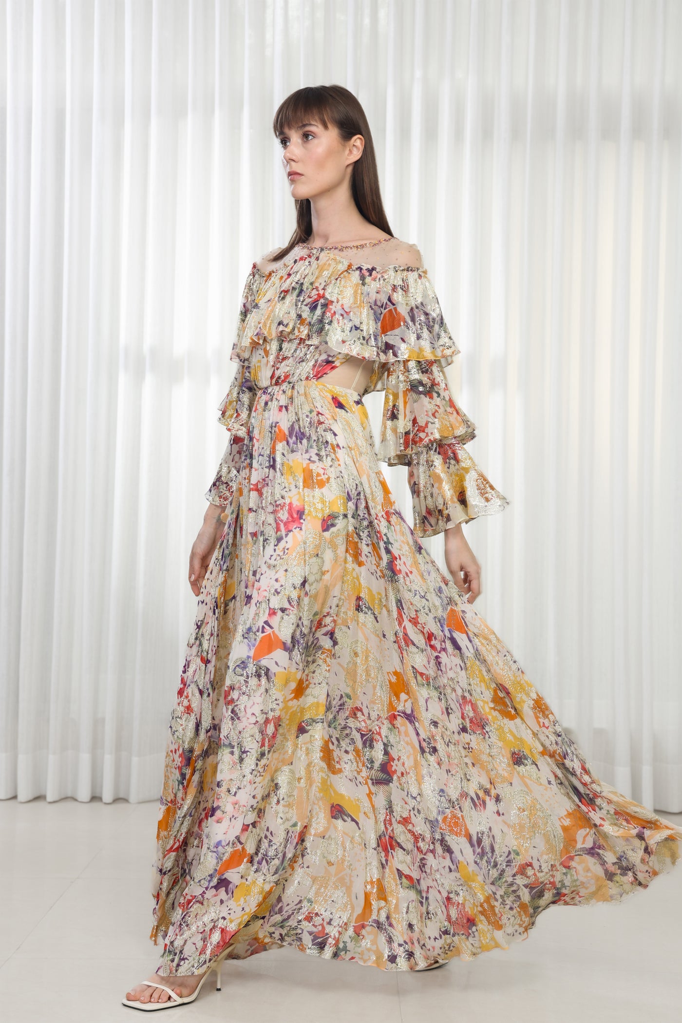 Mandira Wirk Autumn Leaves Printed Brasso Dress indian designer wear online shopping melange singapore