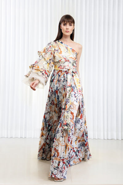 Mandira Wirk Autumn Leaves Printed Brasso and Pleated Dress indian designer wear online shopping melange singapore