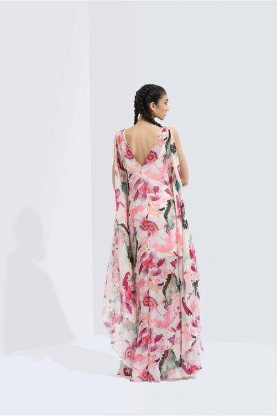 Mandira Wirk Azalea printed chiffon kaftan with slip inside white pink western indian designer wear online shopping melange singapore