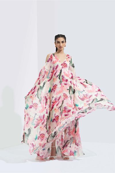 Mandira Wirk Azalea printed chiffon kaftan with slip inside white pink western indian designer wear online shopping melange singapore