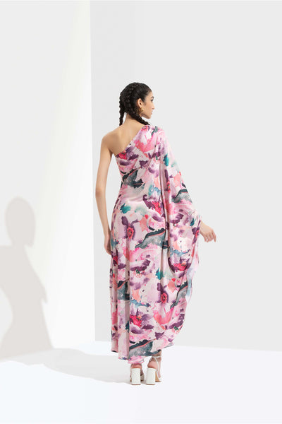 Mandira Wirk Azalea printed satin one off shoulder kaftan dress pink western indian designer wear online shopping melange singapore