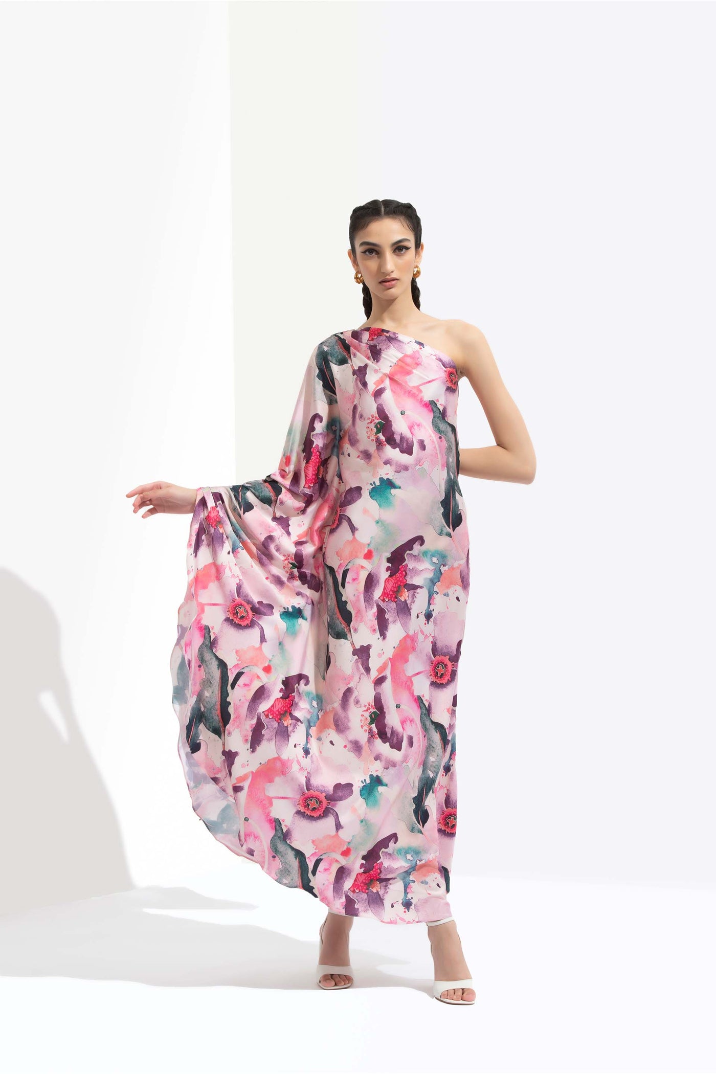 Mandira Wirk Azalea printed satin one off shoulder kaftan dress pink western indian designer wear online shopping melange singapore