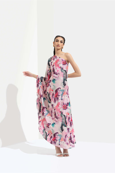 Mandira Wirk Azalea printed satin one off shoulder kaftan dress pink western indian designer wear online shopping melange singapore