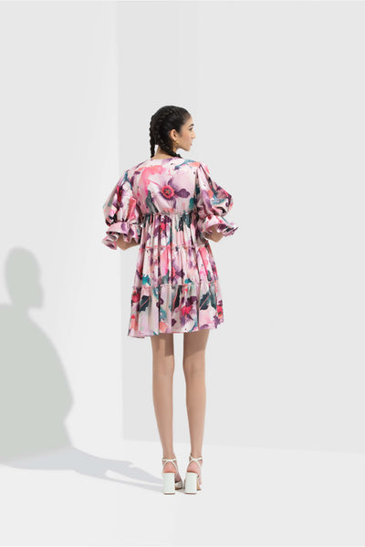 Mandira Wirk Azalea printed satin low neckline tiered short dress pink western indian designer wear online shopping melange singapore
